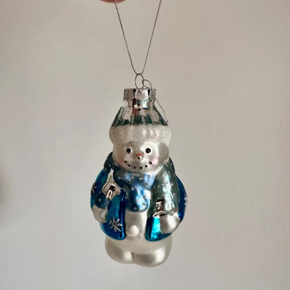 Blue and Silver Glass‎ Snowman Christmas Ornament Glitter Snowflake Winter Decor